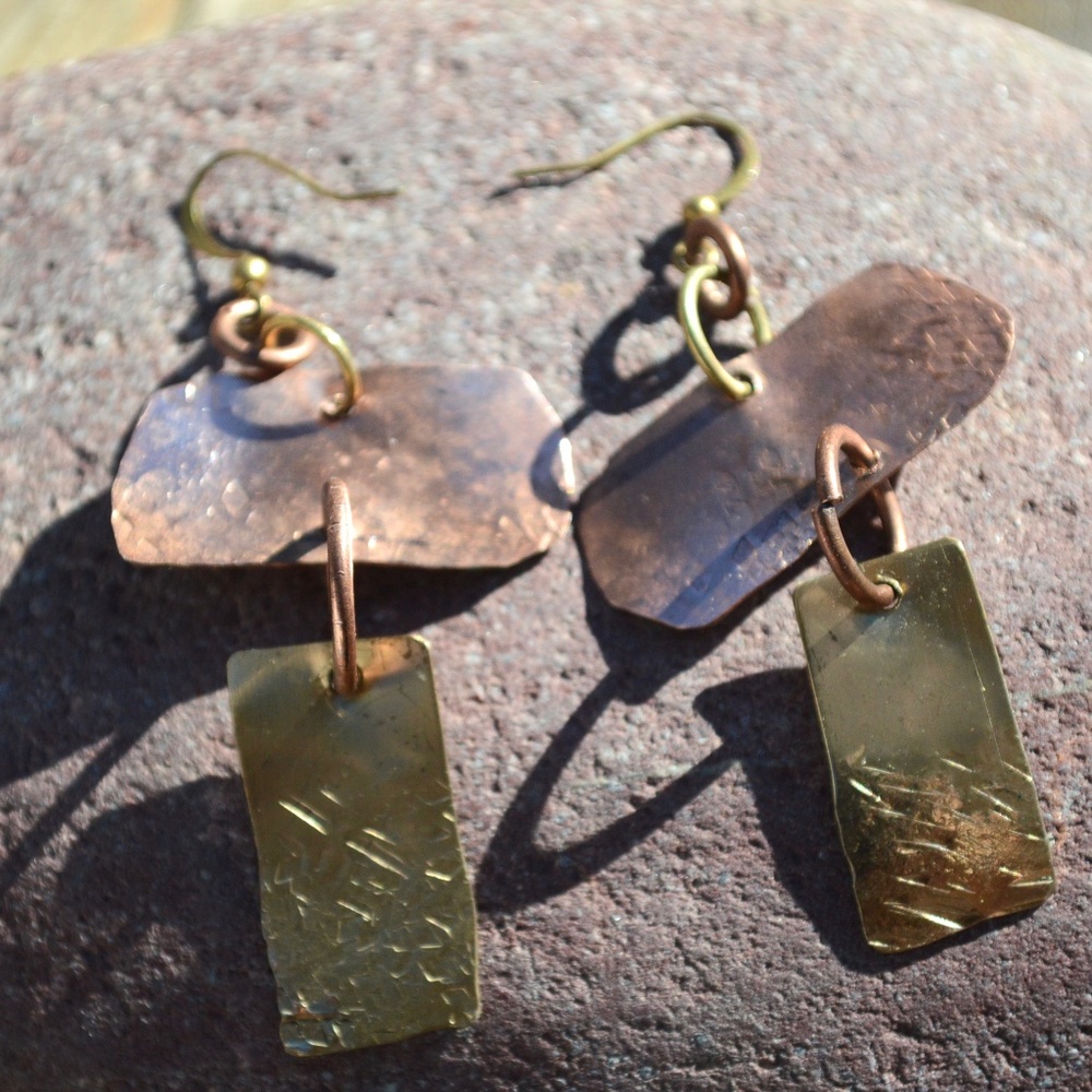 Brutalist Earrings Copper Brass Rustic Statement - Picture 5 of 8